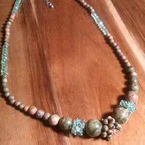 Unakite and Green Crystal Silvertone Beaded Necklace